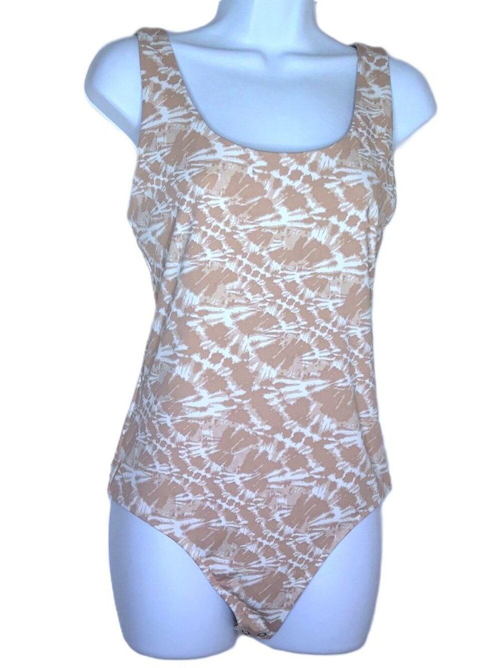 Express Body Contour Bodysuit Sleeveless Tan & Cream Scoop Neck Thong Stretch M